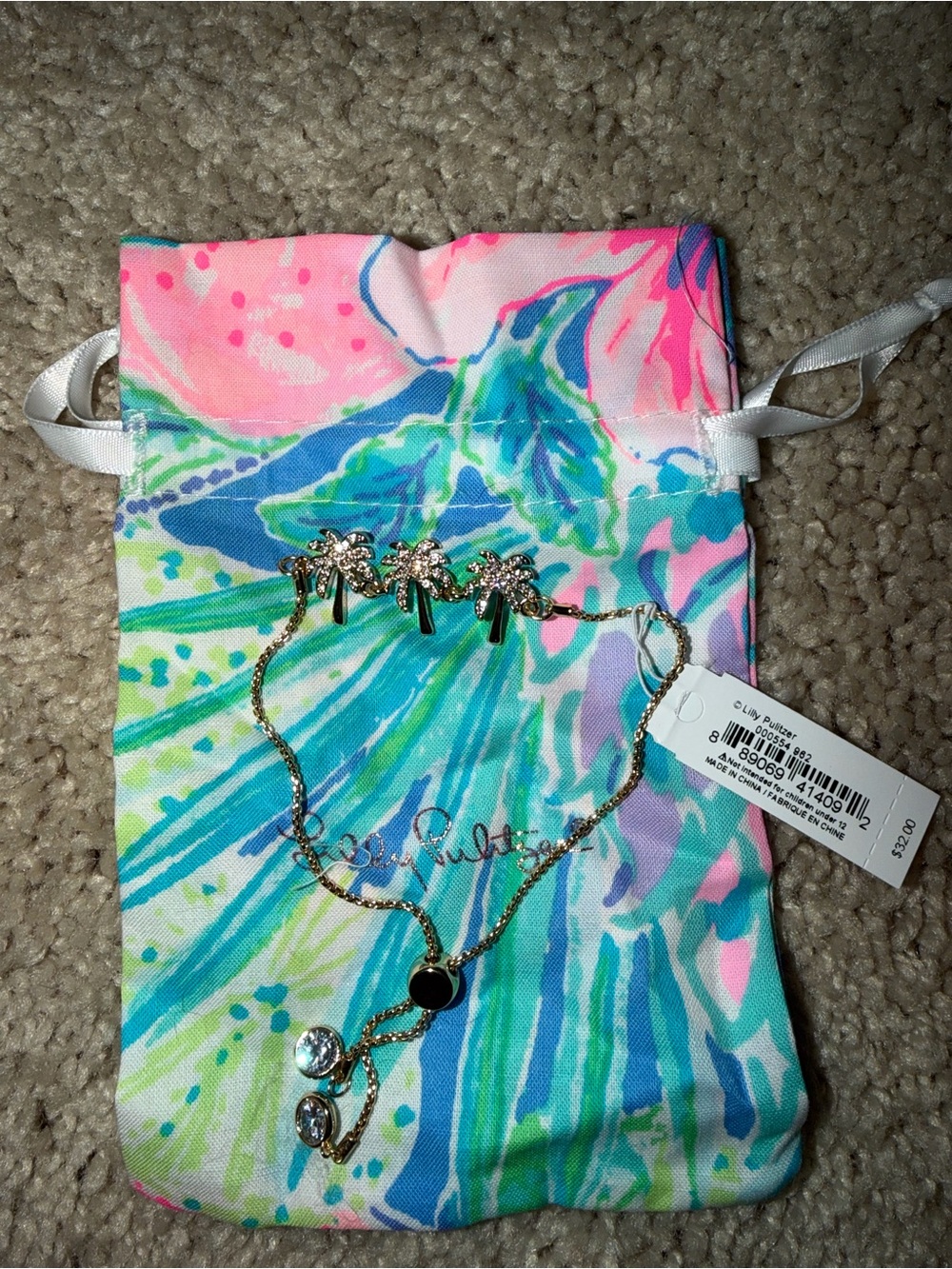 Lilly pulitzer NWT Gold Palm tree adjustable bracelet with bag